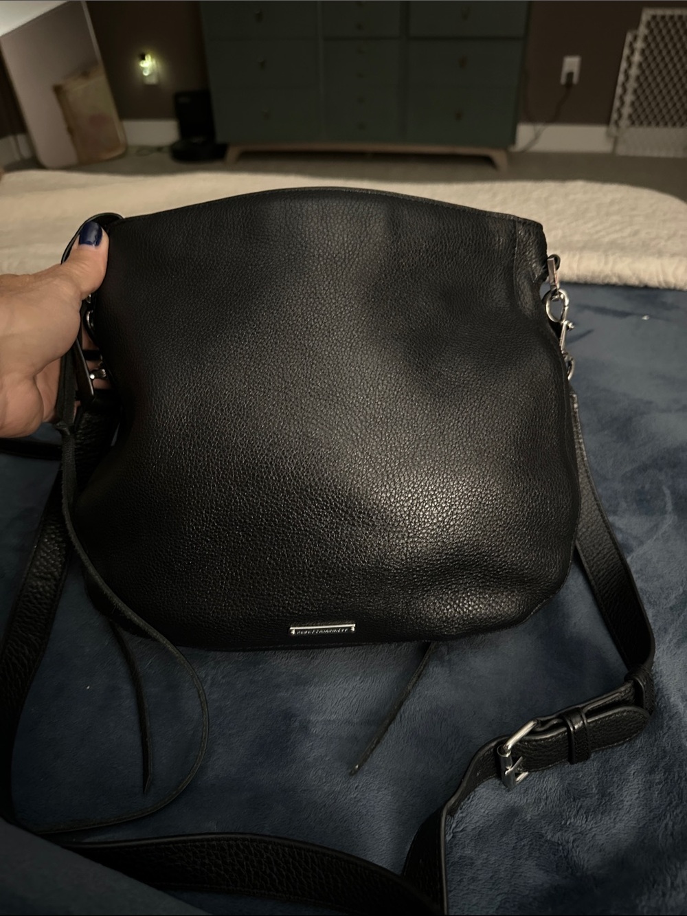 Rebecca Minkoff Black Leather Crossbody Bag Pebbled Zip Pocket